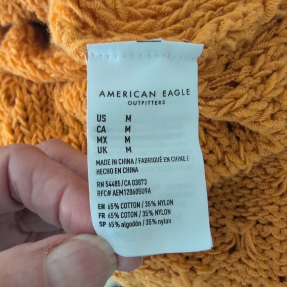 American Eagle Mustard Yellow Open Knit Cropped Cardigan Button Front Sweater M - Picture 7 of 8